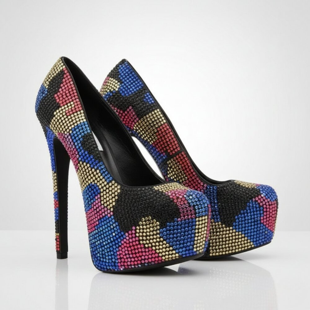 Steve Madden Dyvinal Rhinestone Camo Platform Heels 8 Bling Sparkle Party Pump